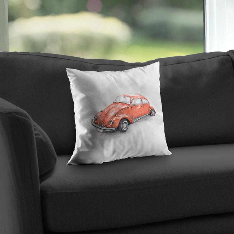 Vintage Red Beetle Throw Pillow | Man Cave Home Decor – Poly Twill Throw Pillow with Insert, Double-Sided Print