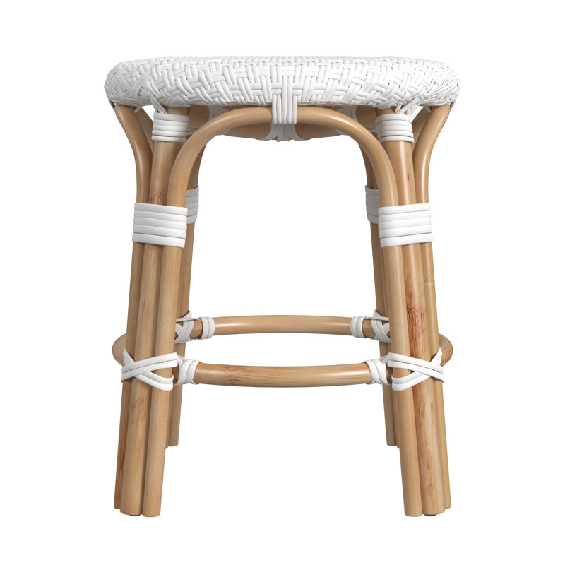 Alastair 18" Rattan Dining Short Stool - Glossy White/ Natural Rattan Frame, Glossy White/Natural Rattan Frame