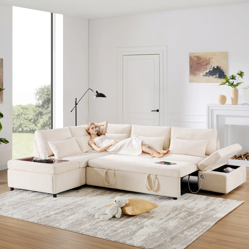 Canapé modulaire, canapé en L avec repose-pieds de rangement pour le salon, Kaki clair / beige
