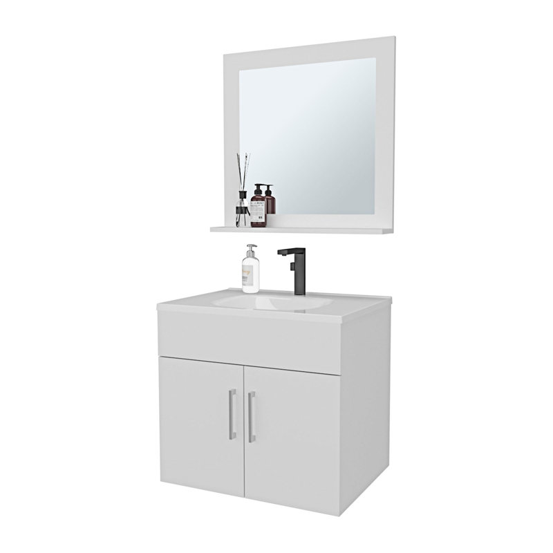 Ensemble de meuble-lavabo flottant avec lavabo et miroir, Blanc