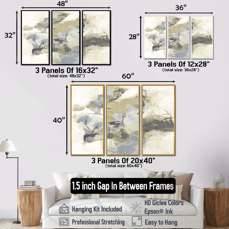 Glam Cream Dream III - ensemble d'art moderne sur toile encadrée moderne et contemporain de 3, H 28 po x l 36 po, Brun
