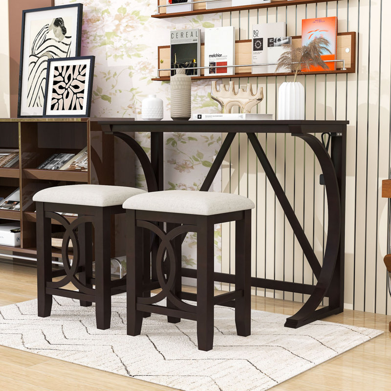 Betsons 3 - Piece Dining Set, Dining Table with USB Port and Upholstered Stools, Espresso, Espresso, Espresso