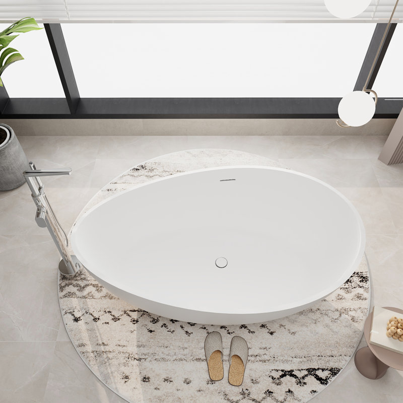 63" Freestanding Soaking Solid Surface Stone Resin Bathtub with Integrated Overflow and Pop-up Drain