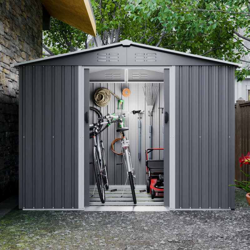 8x6 Ft Metal Outdoor Shed With Lockable Doors - Galvanized Steel For All Weather In Garden, Patio, Backyard, Lawn, Gray Sound Absorbing Material Rustproof And