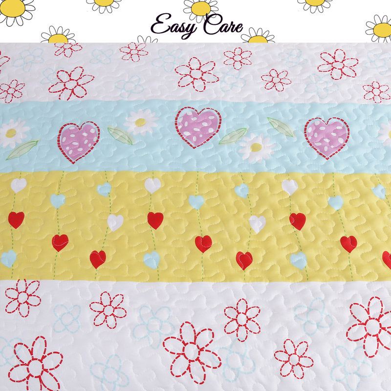 Floral Heart Print Reversible Cotton Twin Quilt Set
