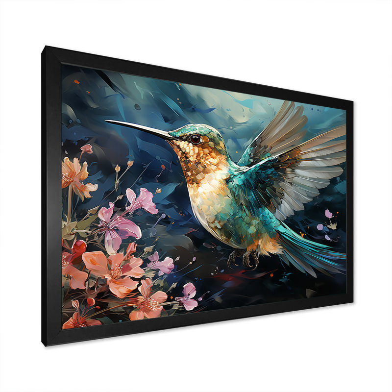 Colibri vert émeraude en fleurs II - Colibri, art mural, Cadre d'angle fermé noir, H 12 po x l 20 po x P 1 po