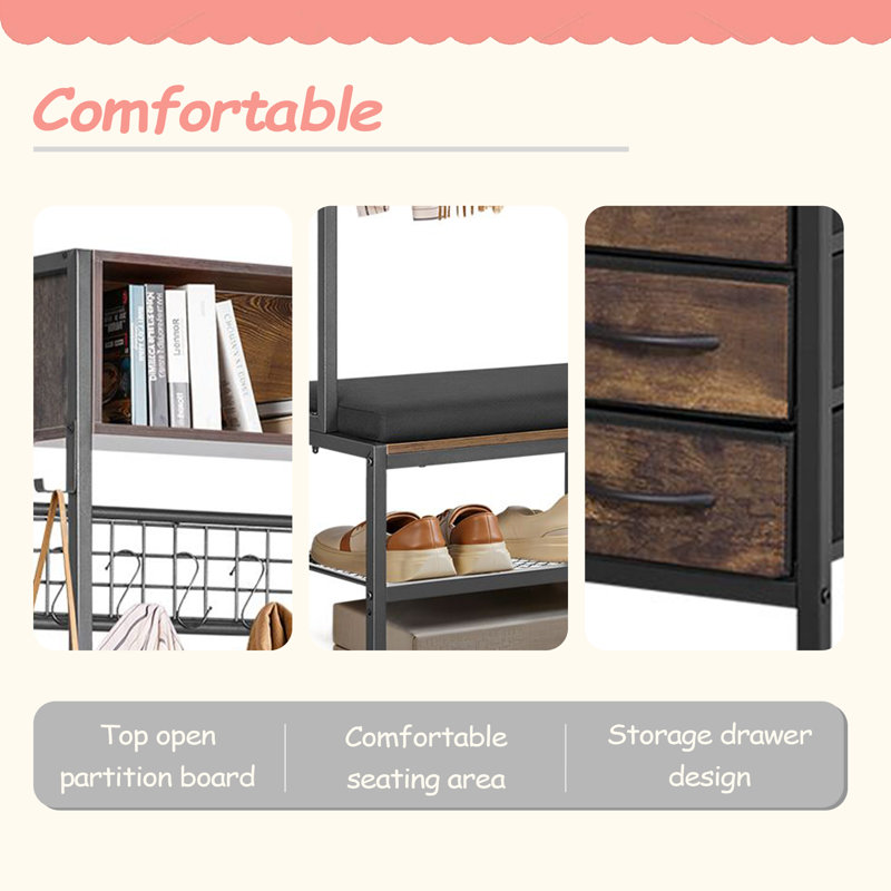 Hall Tree, 70.9 In Coat Rack With Shoe Bench & 3 Drawers, 3-In-1 Freestanding Shoe Rack Storage Organizer With Bookshelf & Wire Shelf