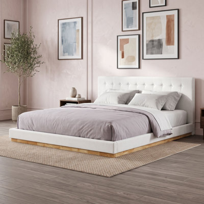 King Wood Platform Bed with Upholstered Headboard