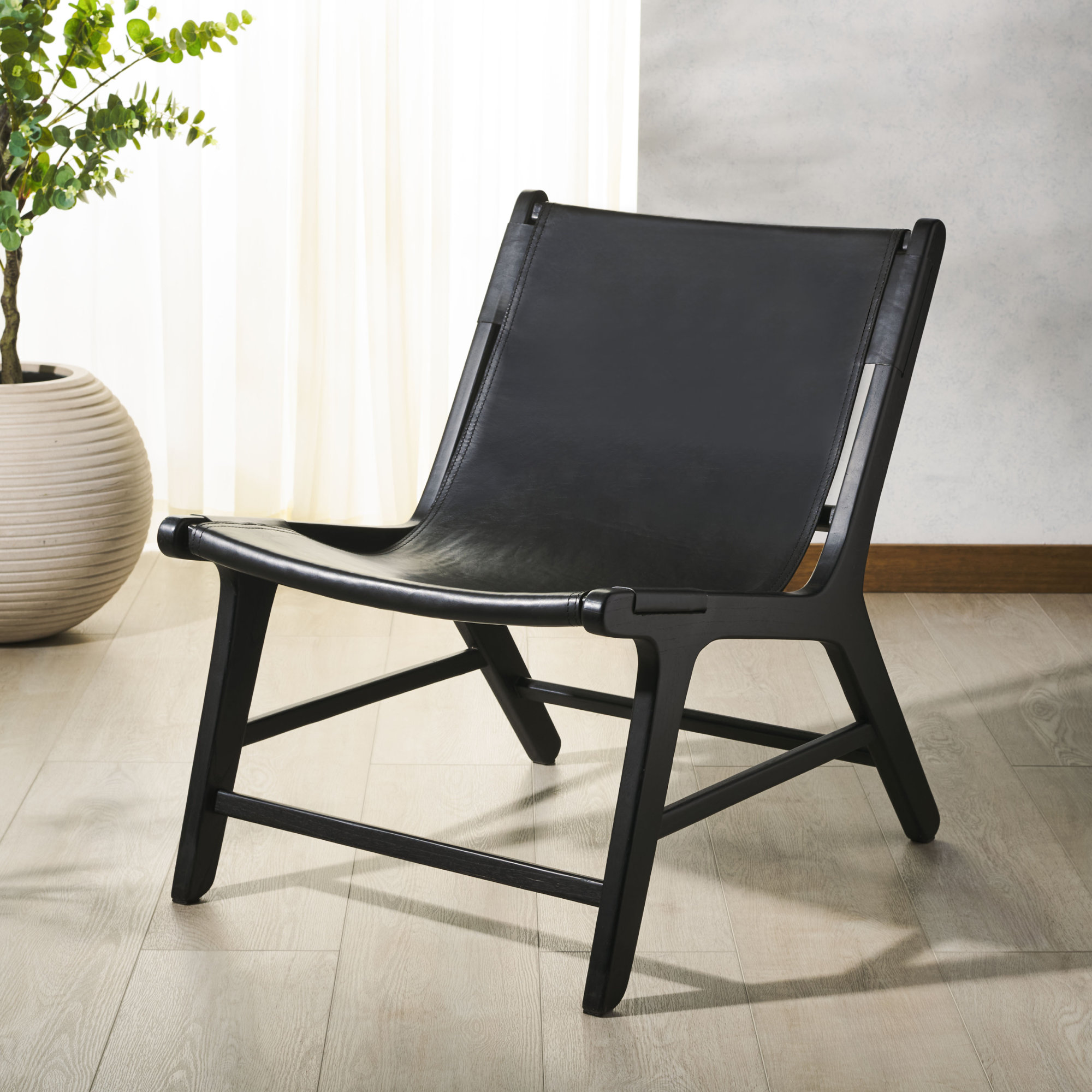 Kizzy Leather Accent Chair, Black Leather, Black