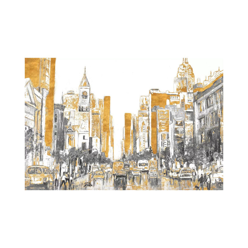 «Golden City» par Patricia Pinto - peinture sur toile tendue, H 40 po x l 60 po x 1,5 po