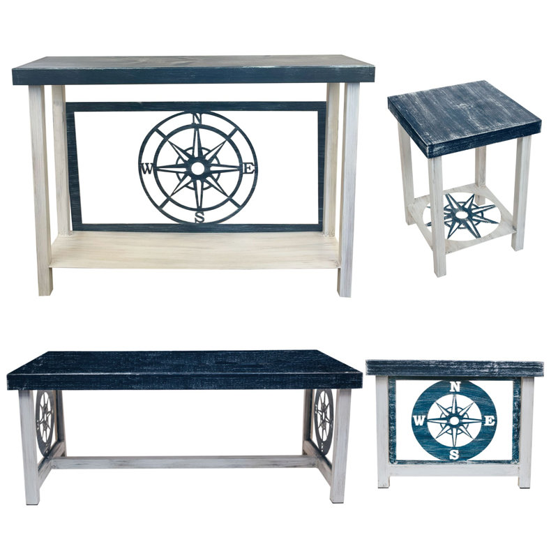 WEATHERED NAVY COMPASS TABLE SET.  1- Rectangle Sofa Table, 1- Rectangle Coffee Table, 2- Square Iron End Tables