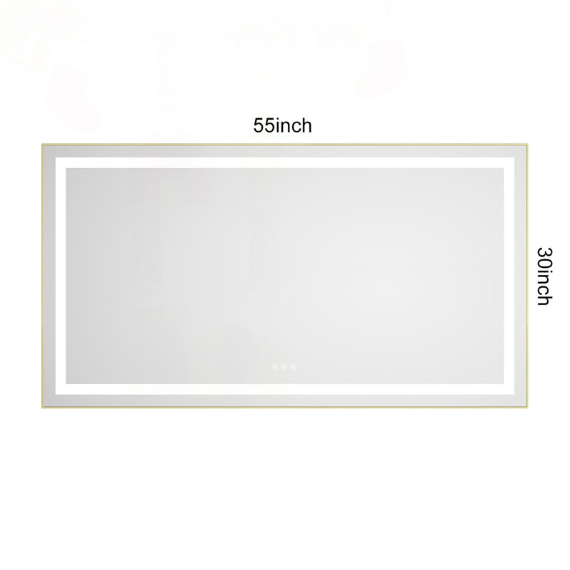 Miroir de salle de bain à DEL avec cadre en aluminium et antibuée, 55 x 30 pouces