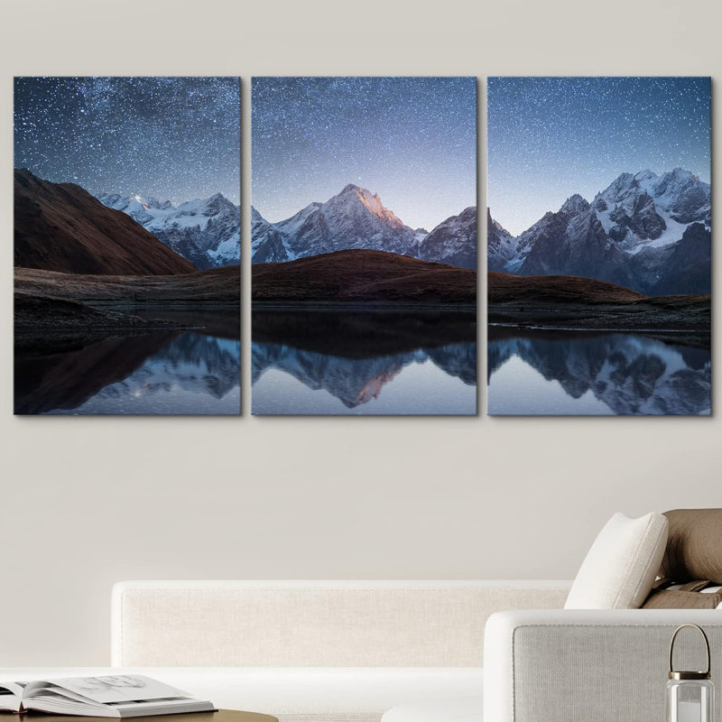 «Night Sky with Stars and the Milky Way over a Mountain Lake», reproduction d'art graphique sur toile 3 pièces