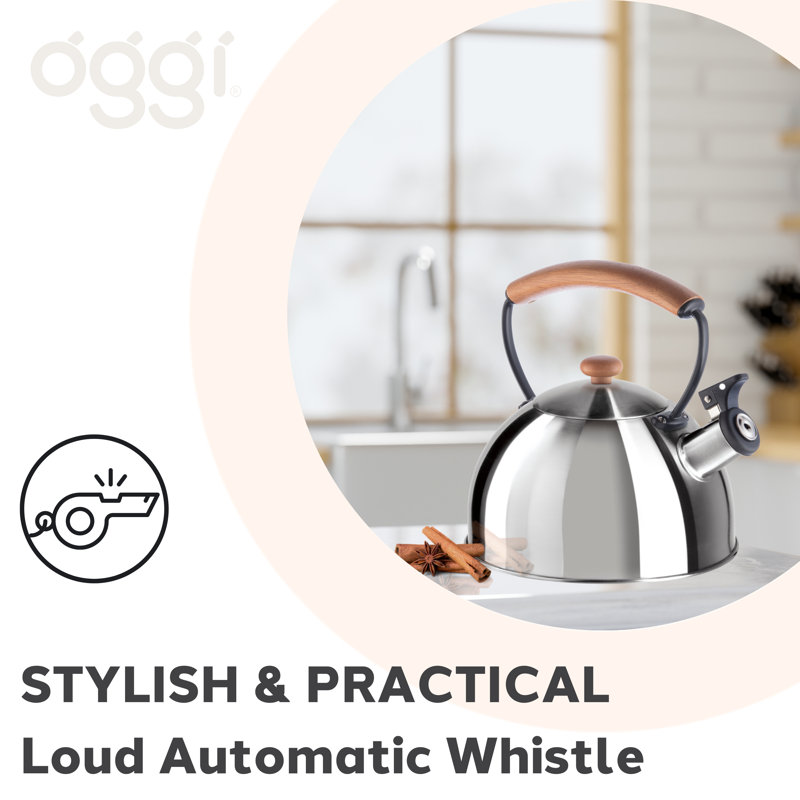 Silver Stainless Steel Whistling Tea Kettle with Wood Handle, 2.5 Liters