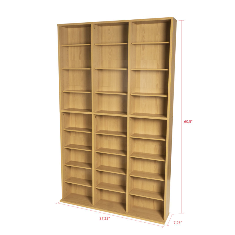 Étagère multimédia, 6 tablettes fixes, 18 tablettes réglables, base large pour la stabilité en érable, Tanné