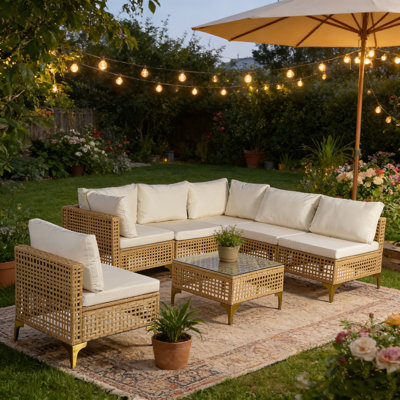 7 Piece Wicker Patio Furniture Set, Outdoor Conversation Set Sectional Sofa With Thick Cushions & Coffee Table For Backyard, Porch, Natural/Beige