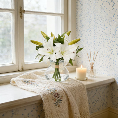 Arrangement de fleurs de lis de tigre artificiel avec vase en verre et eau artificielle, bouquet de fleurs artificielles en soie véritable pour la maison et le bureau