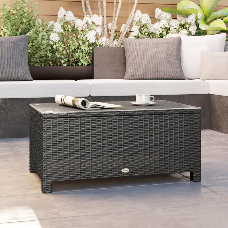 Table basse d'extérieur en rotin avec plateau en verre trempé, gris foncé