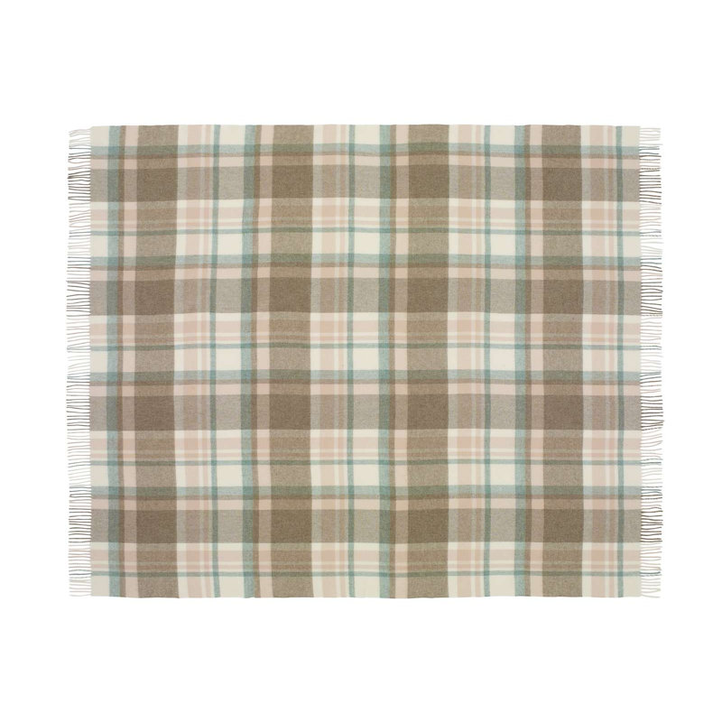 Jeté tissé en laine d'agneau Merino, Brun / vert / damier beige