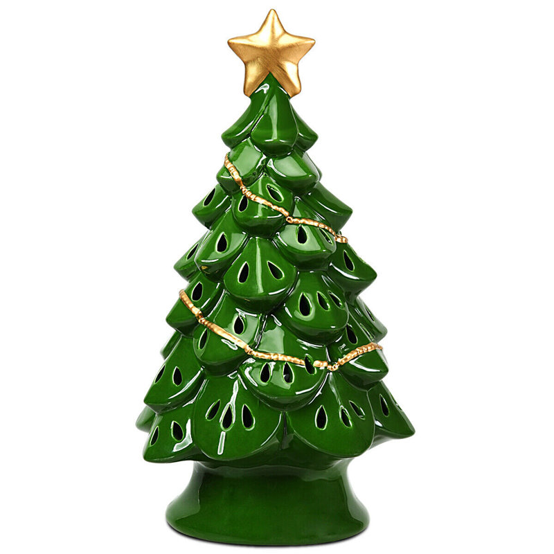 Arbre de noël en céramique pré-éclairée, H 11,5 po x l 6,5 po x P 4,5 po, Vert