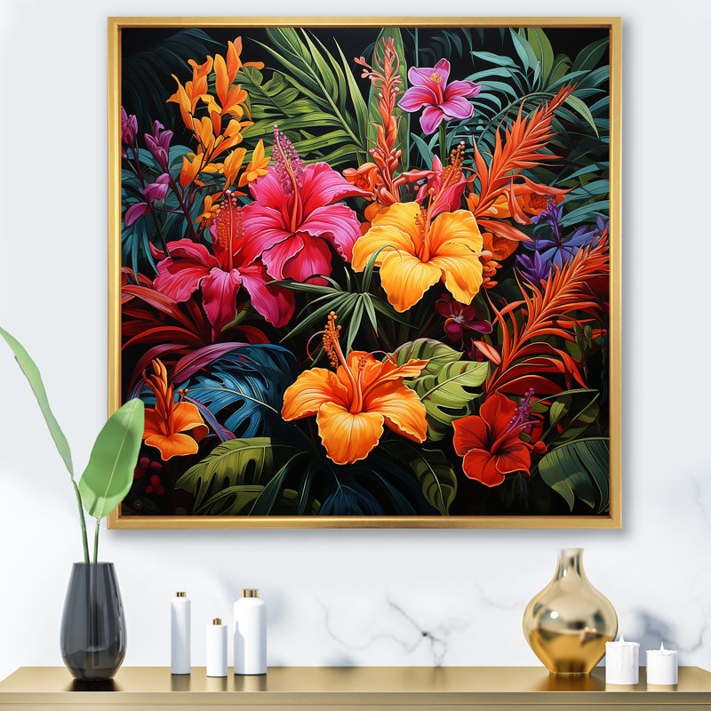 «Colorful Jungle Plants Dream» - art mural jungle, Cadre flottant doré, H 16 po x l 16 po