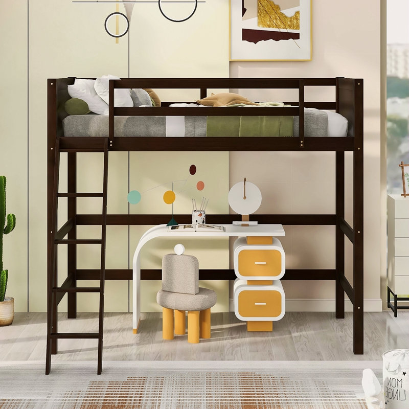 Lit mezzanine simple en bois massif avec échelle, Espresso