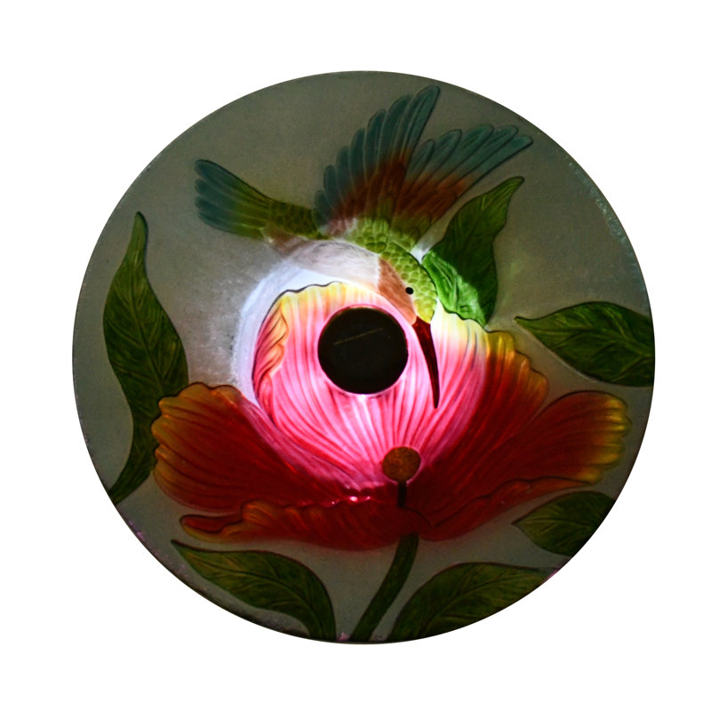Solar LED Floral Glass Bird Bath with Metal Stand