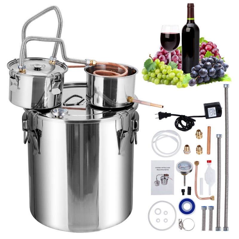 Ensemble de distillateur à alcool en acier inoxydable 10 gallons pour brassage à domicile - Ensemble complet avec condenseur à bobine de cuivre, pompe à eau, thermomètre, fond épaissi - Idéal pour le whisky, le brandy, les huiles de base et le vin