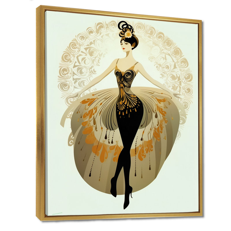 Danseuse des années 20 avec robe de paon - art mural moderne femme, Cadre flottant doré, H 20 po x l 12 po