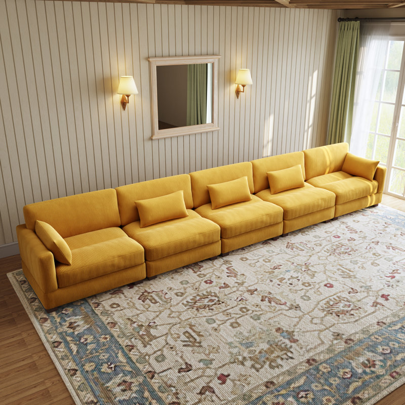 Maelina 5 - Piece Upholstered Orange Corduroy Modular Sectional Sofa with Pillow Back and Solid Wood Legs, Orange Corduroy