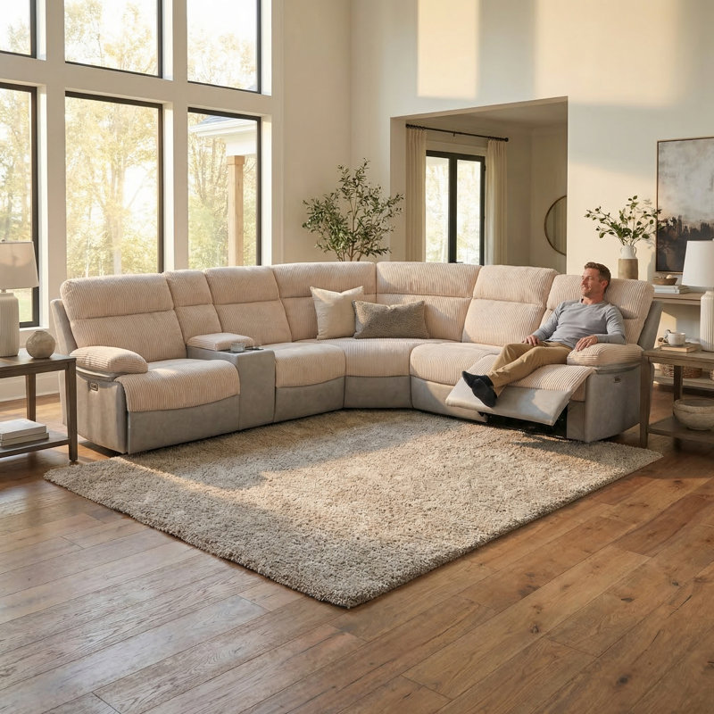 Power Recliner Sectional Living Room Sofa With Storage Console, Velours côtelé beige