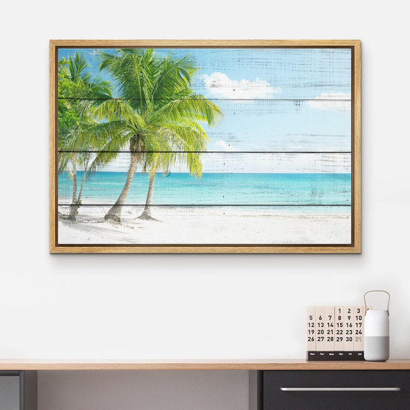 Palmier tropical, océan, paradis, effet de bois, panneaux, art moderne, rustique, H 16 po x l 24 po, Cadre naturel flottant