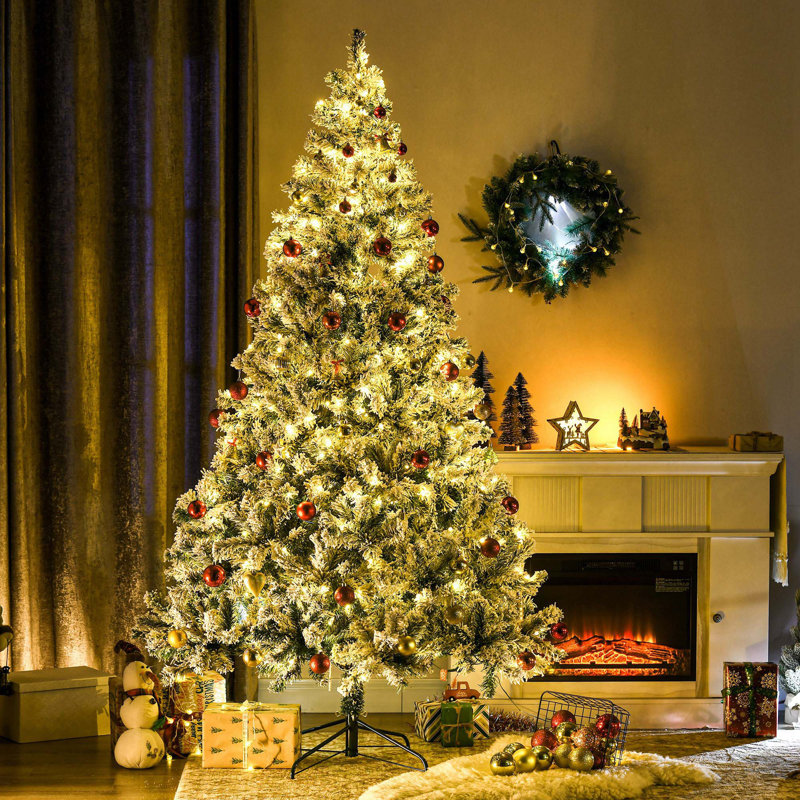 6/7.5FT Tall Prelit Artificial Christmas Tree With Snow Flocked Branches, Warm White Or Colourful LED Lights & Steel Base