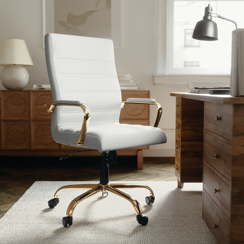 Chaise de bureau ergonomique pivotante à haut dossier - Basics by Wayfair ™, Doré, Simili cuir blanc