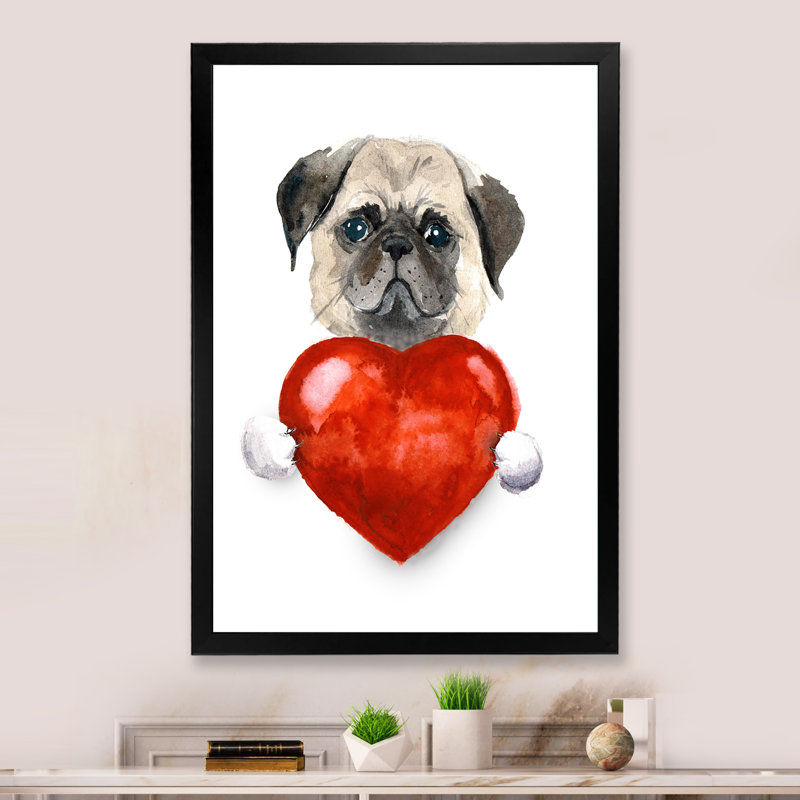 Petit chien tenant un cœur de Saint-Valentin - décoration murale pour enfants, art sur toile, H 20 po x l 12 po x P 1 po