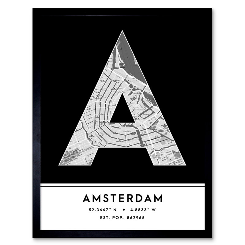 Amsterdam City Map Amsterdam Black & White - Single Picture Frame Typography