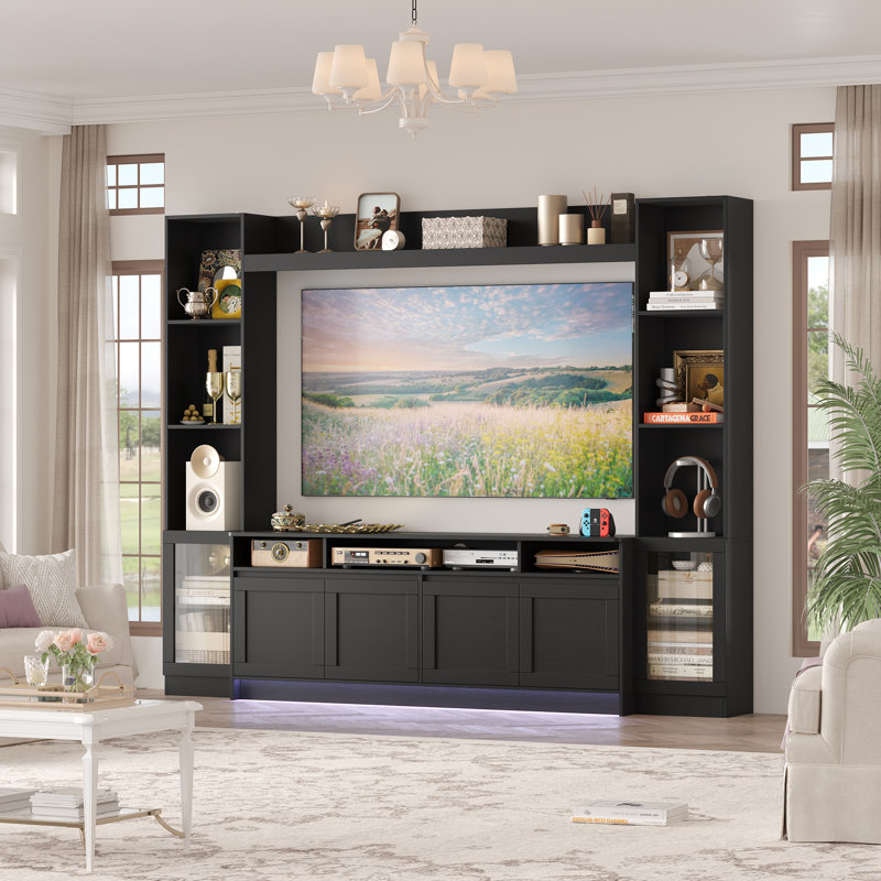 79" W Entertainment Center For TVs Up To 60", Wall Unit TV Stand With Bookshelves and LED Light, Black