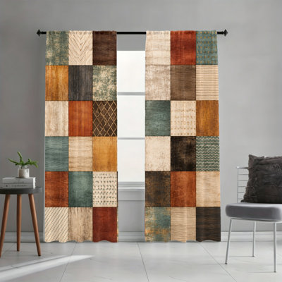 2PCS Rod Pocket Light Filtering Curtains, Rustic Geometric Patchwork Bohemian Printed Drapes, Spring Fresh Home Decor, All Season Window Treatments for Living Room Bedroom Dorm Home Decoration