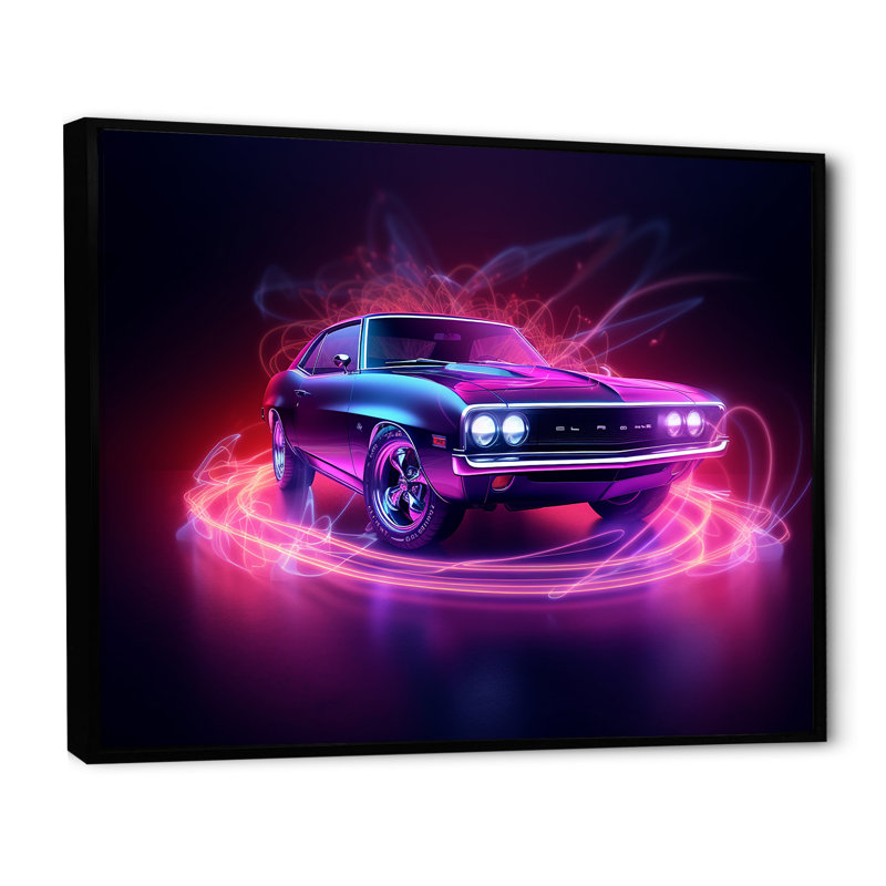 «Neon Light American Muscle Car I», reproduction sur toile, Cadre flottant noir, H 16 po x l 32 po x P 1 po