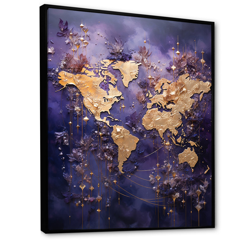 «Ethereal Lavender World Map I», reproduction sur toile, Cadre flottant noir, H 32 po x l 24 po x P 1 po