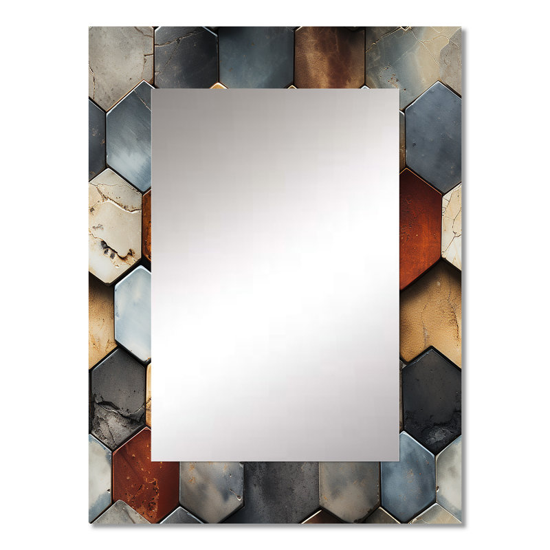 Motif bohème Hatsu Rustic Hexagons - miroir géométrique, miroir mural décoratif moderne, impression d'art en métal