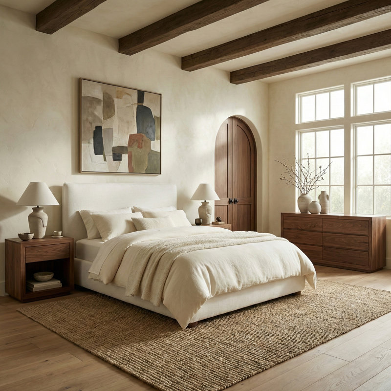 Callahan Upholstered Bed, Full / Double, White Linen