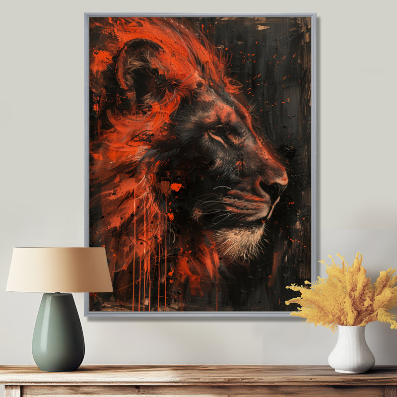 Noir, rouge, astrologie, Royaume du Lion II, Encadrement argenté, 40" H x 30" W