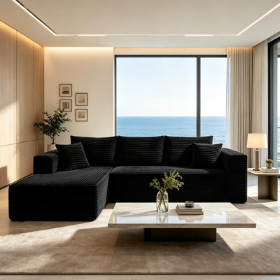 107" L-Shaped Living Room Sofa, Corduroy Vacuum Compressed Sectional Sofa, Frameless Modular Cloud Sofa with Chaise Lounge, No Assembly Required, High Resilience Sponge Deep Seating with Throw Pillows, Modern Space-Saving Furniture for Apartments
