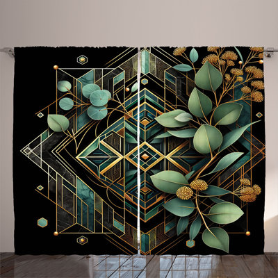 Ambesonne Curtains 2 Panel Set, Art Deco Botany, Black Laurel Green Amber -  p_429339_108x63