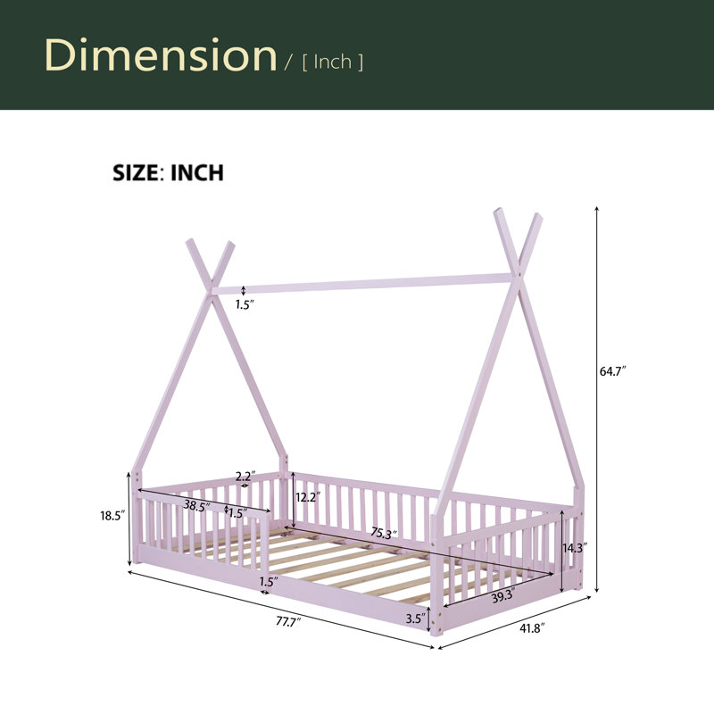Twin Size Wood House Bed With Fence, Pink