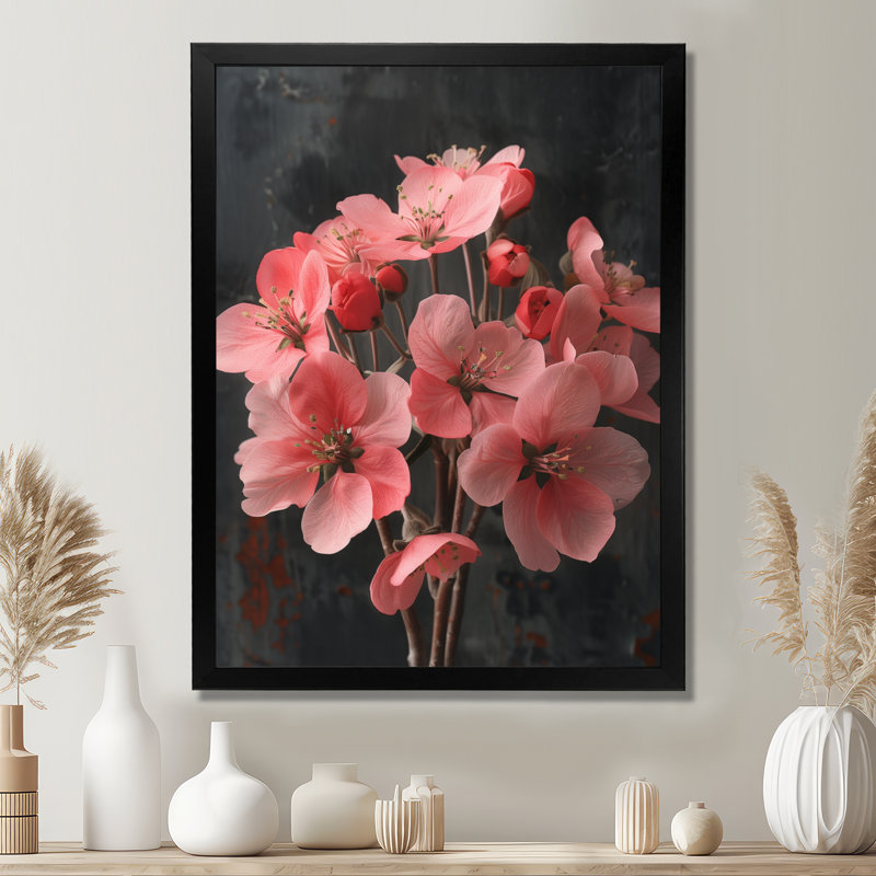 Rose et rose vibrant Bouquet de fleurs de pommier II, H 12 po x l 20 po, Cadre simple noir