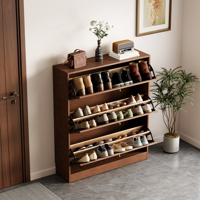 Solid Wood Shoe Cabinet, 3 Flip-Out Hidden Shoe Storage with Adjustable Shelves & Ventilated Back Panel