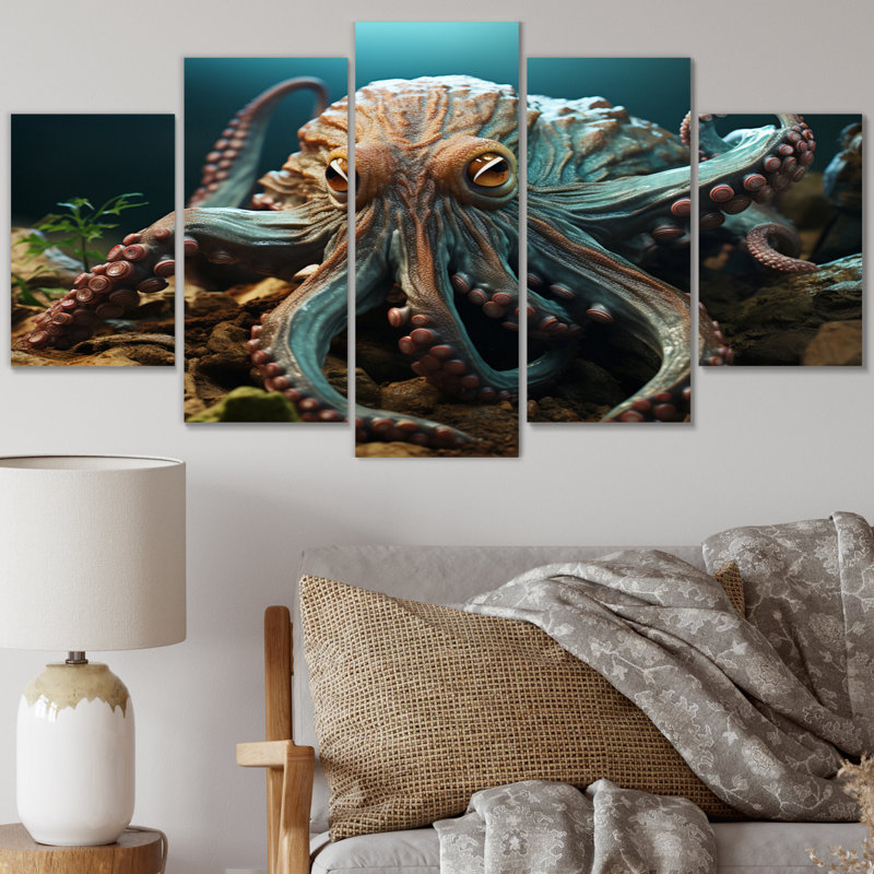 Teal Octopus Lunar Reflections - Décoration murale animaux - 5 panneaux