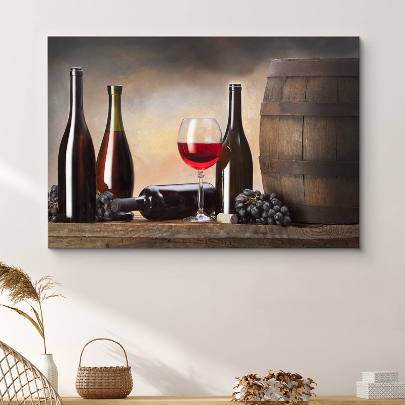 Rustique Bevera «Bouteilles de vin rouges avec raisins et tonneaux, boissons, photographie, art moderne et chic» sur
